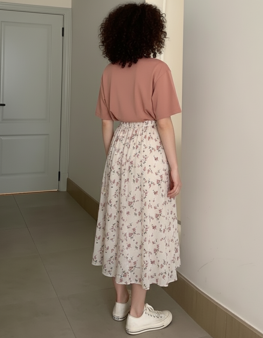 Jupe Plissée crème fleurie fluide