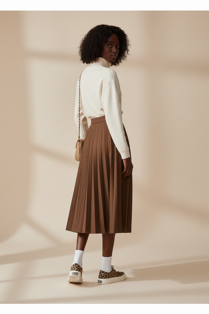 Jupe Plissée Marron Taille Haute Chic