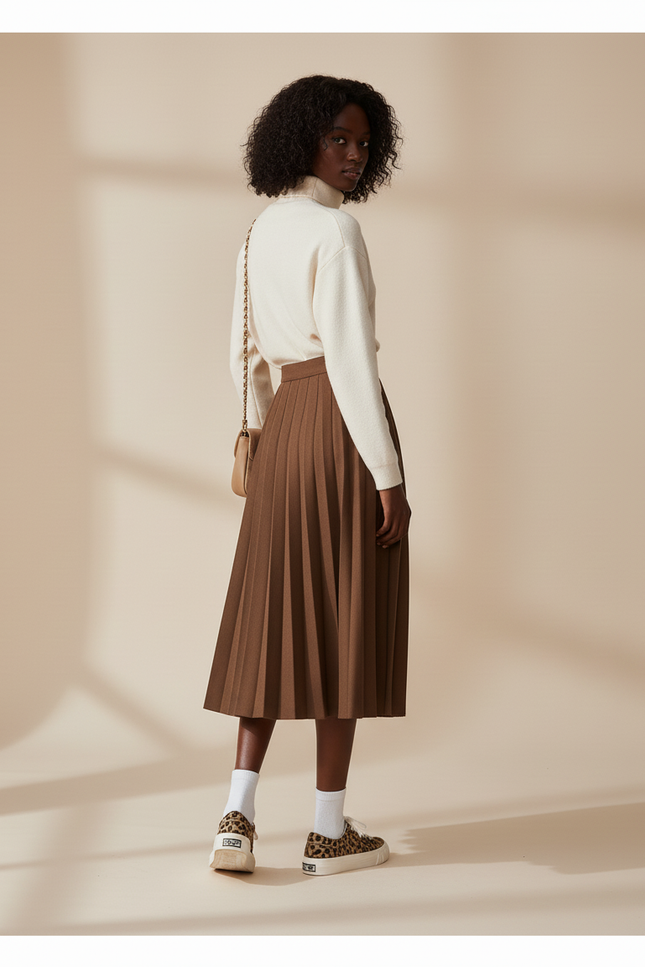Jupe Plissée Marron Taille Haute Chic