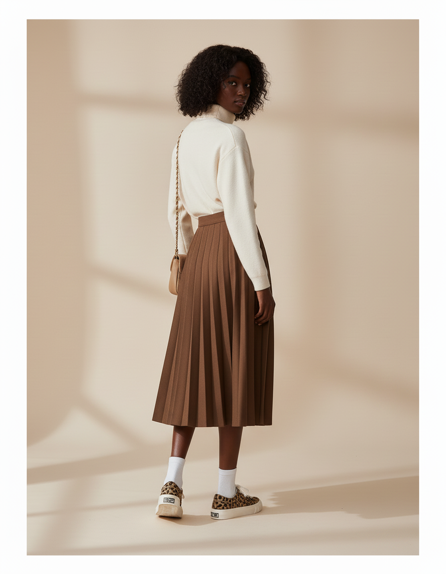 Jupe Plissée Marron Taille Haute Chic