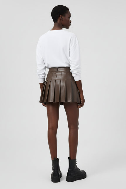Jupe Plissée Marron Simili Cuir Chic raffinée