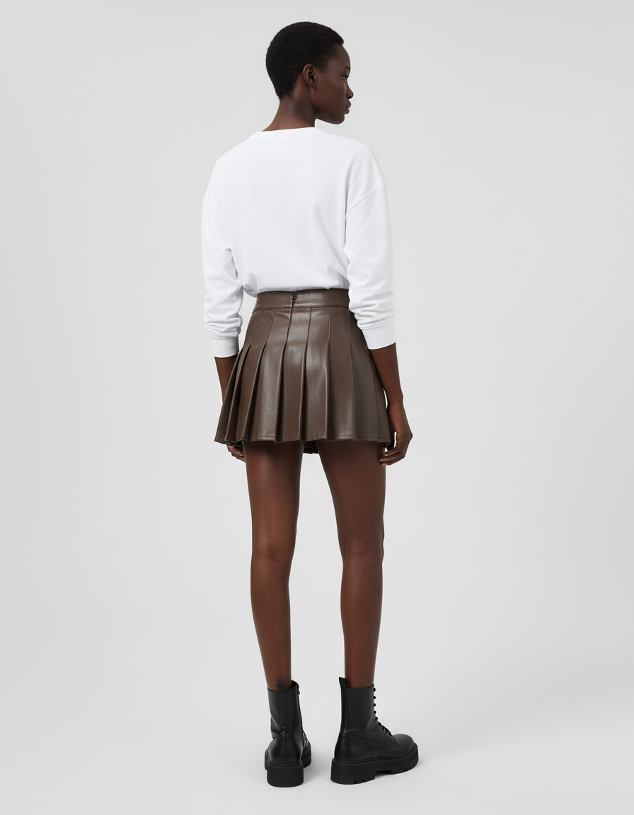 Jupe Plissée Marron Simili Cuir Chic raffinée