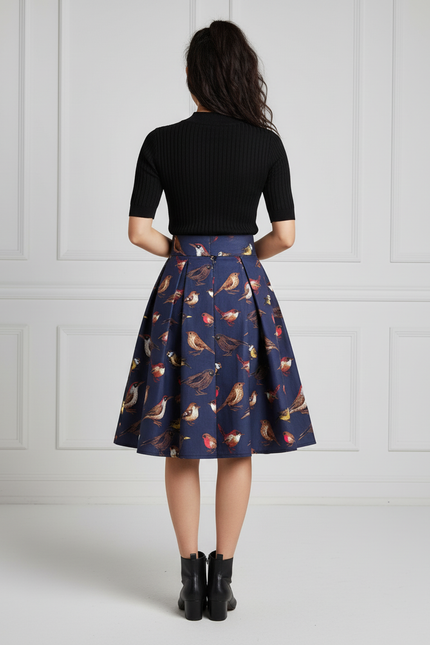 Jupe Plissée Bleu Marine Motif Oiseaux Chic