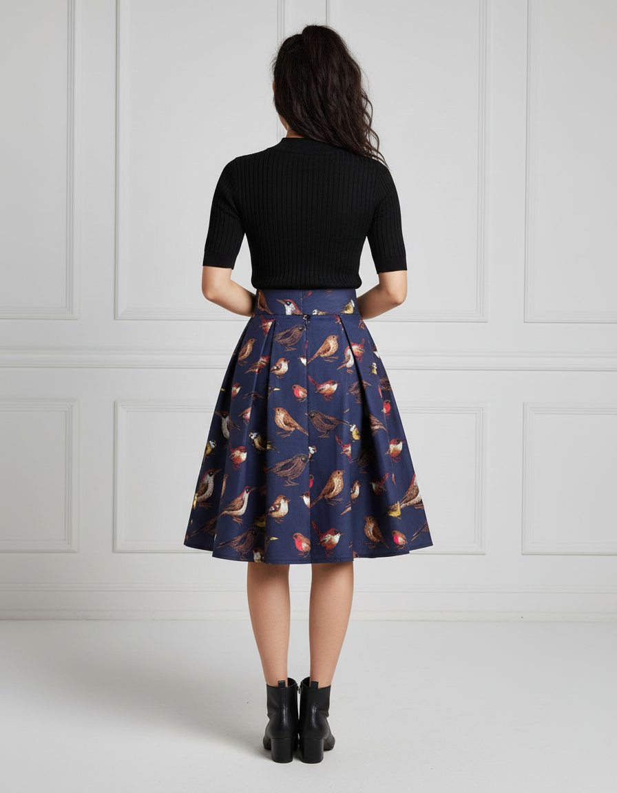 Jupe Plissée Bleu Marine Motif Oiseaux Chic