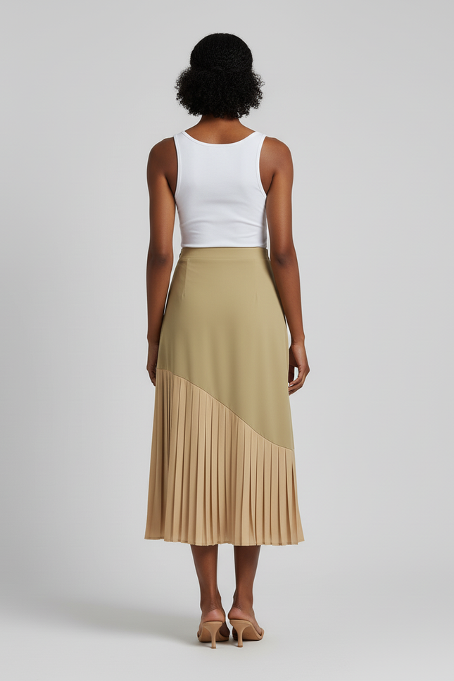 Jupe Plissée Kaki Patchwork Élégante