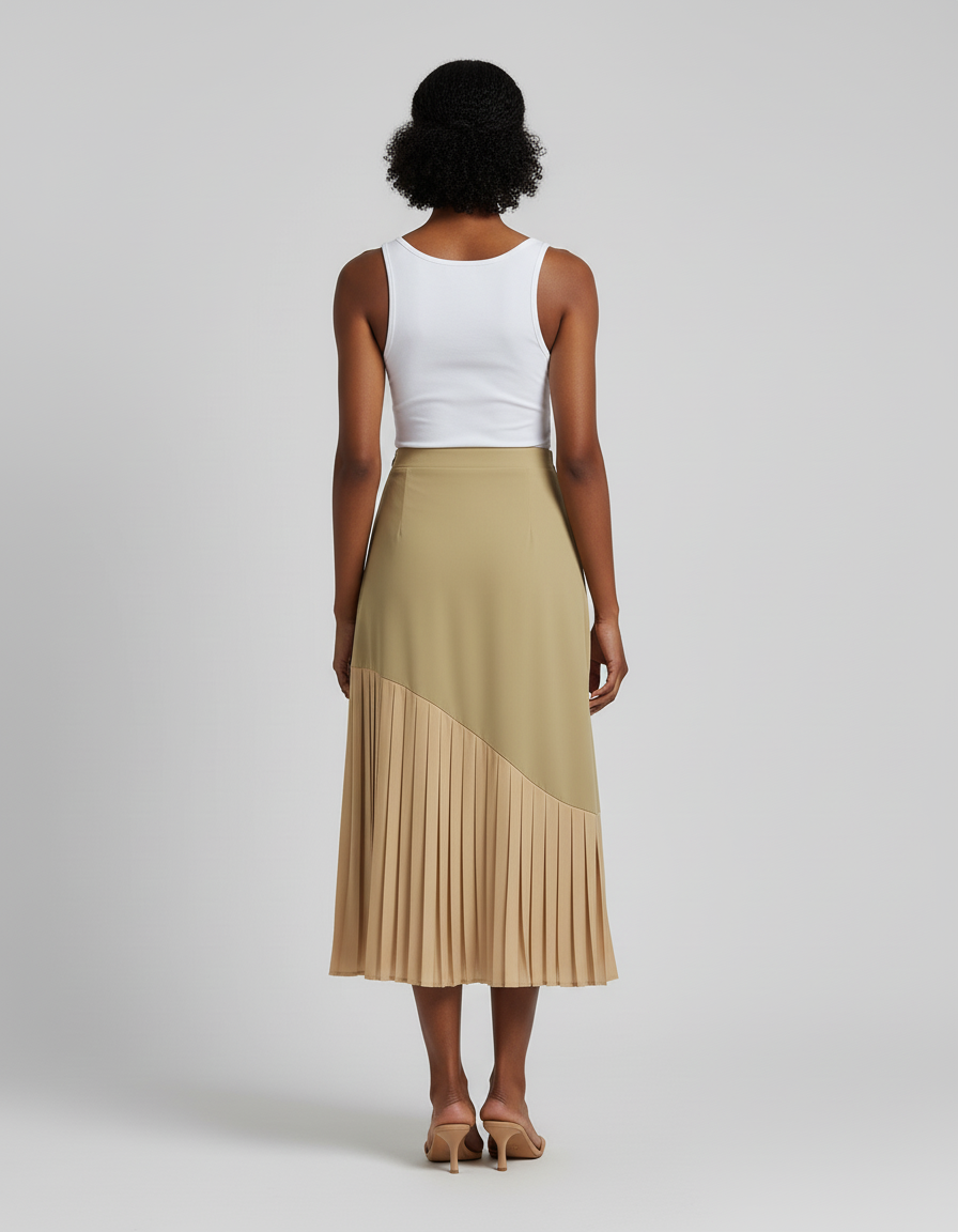 Jupe Plissée Kaki Patchwork Élégante