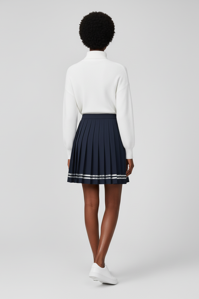 Jupe Plissée bleue marine rayures argentées chic