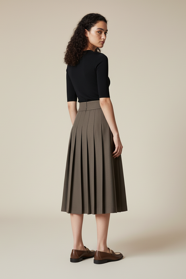 Jupe Plissée kaki midi chic