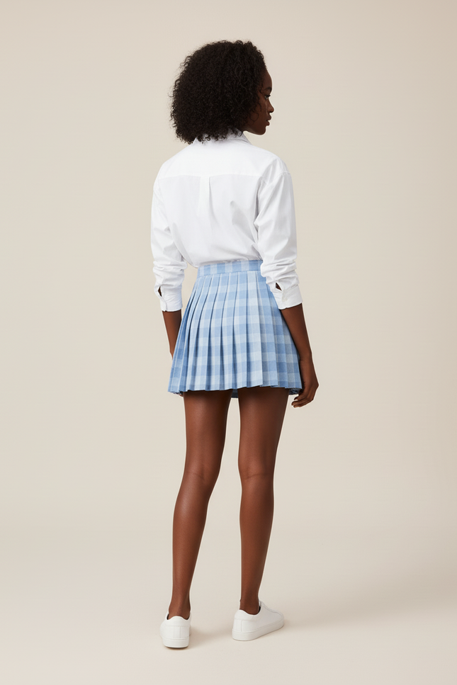 Jupe Plissée bleue à carreaux mini coréenne