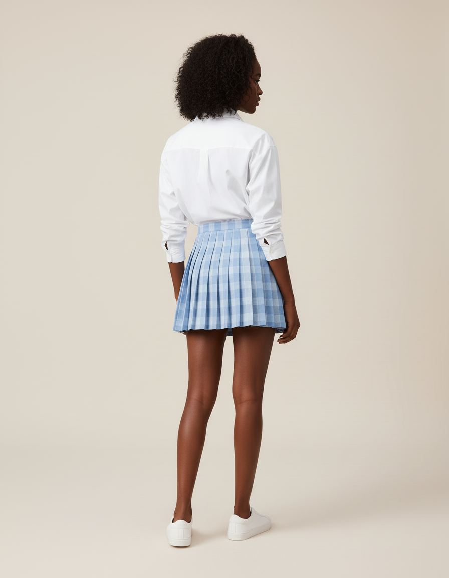 Jupe Plissée bleue à carreaux mini coréenne