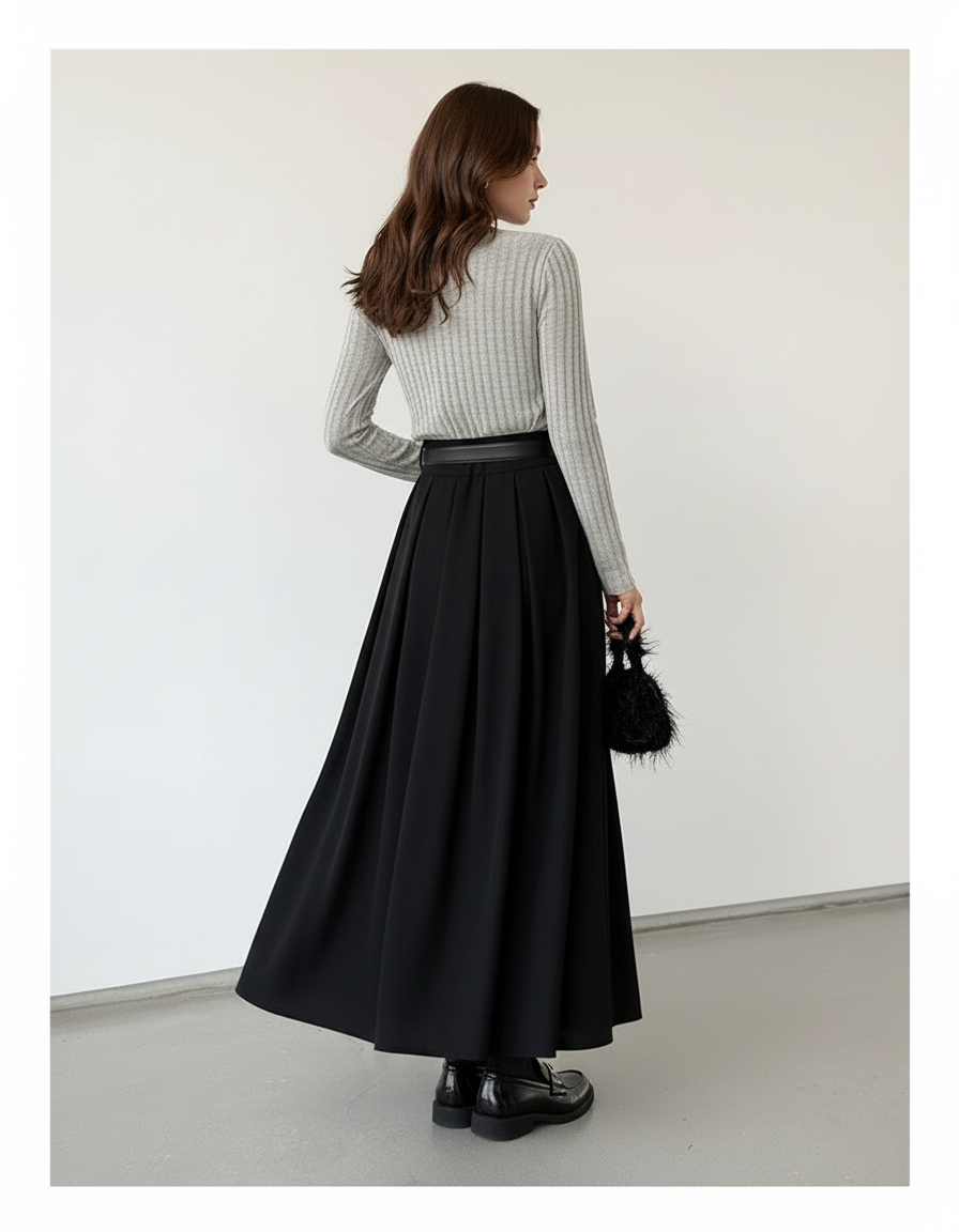 jupe longue plissée noire grande taille