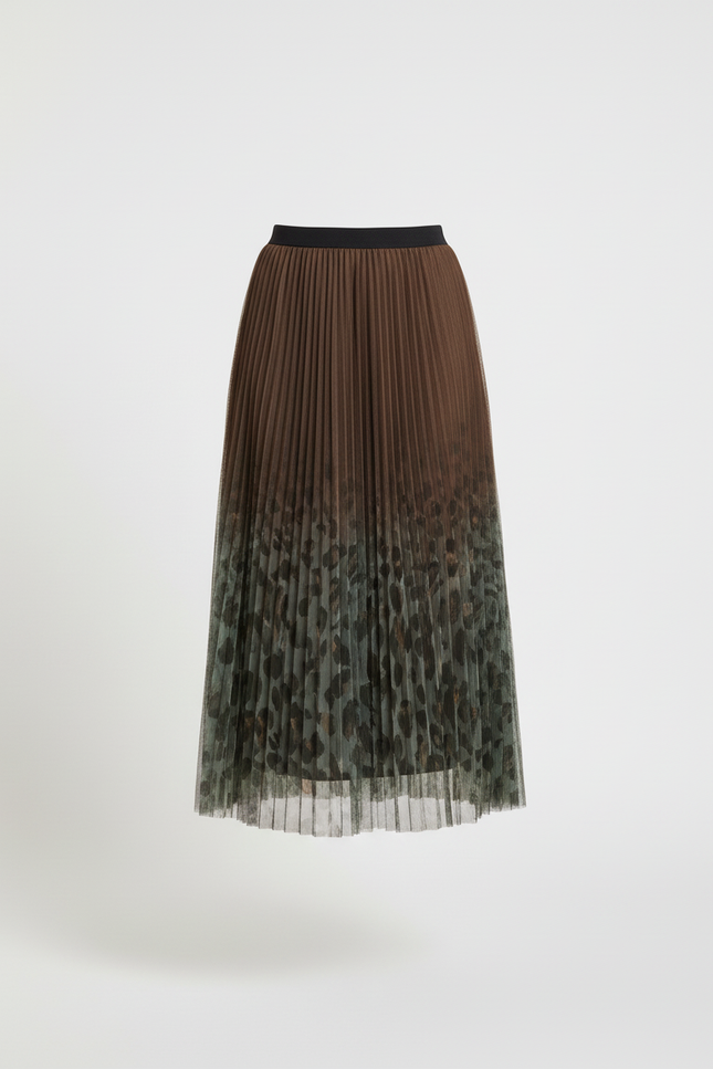 jupe longue plissée leopard kaki