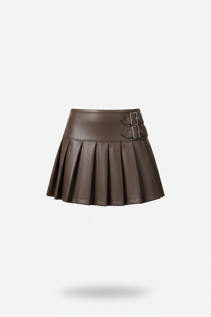 Jupe Plissée cuir PU marron chic