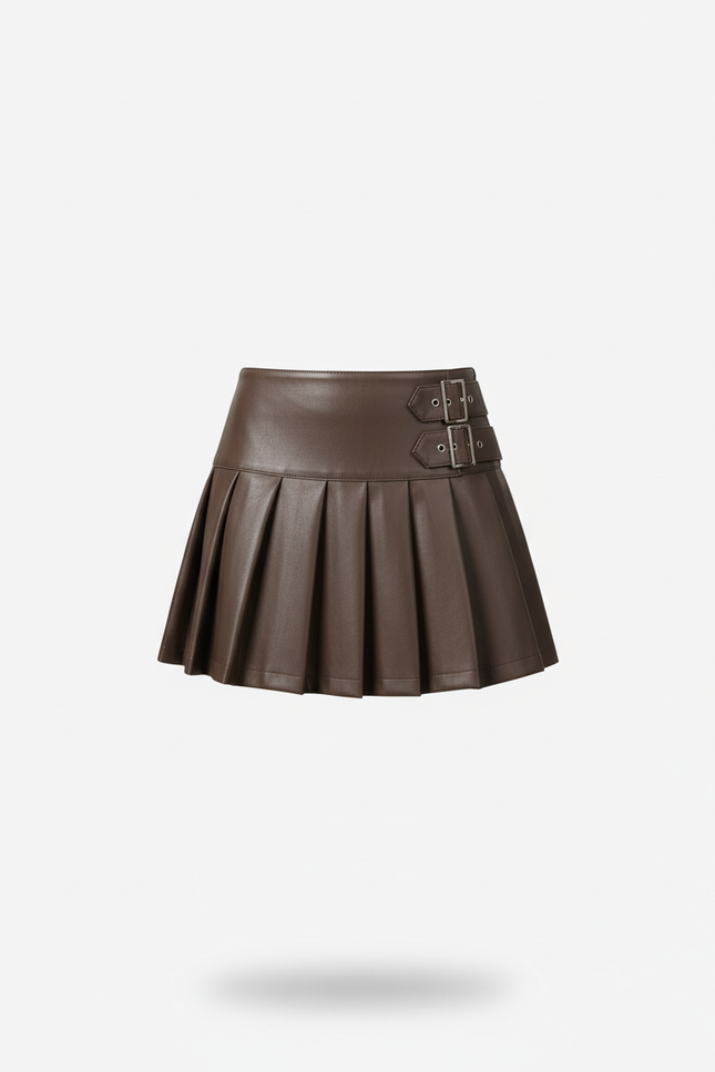 Jupe Plissée cuir PU marron chic