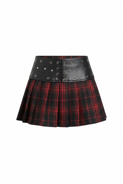 Jupe Plissée carreaux patchwork cuir Grunge