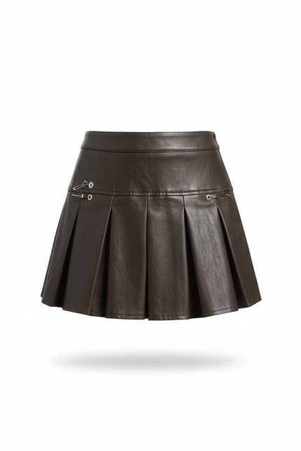 Jupe Plissée similicuir marron mini chic