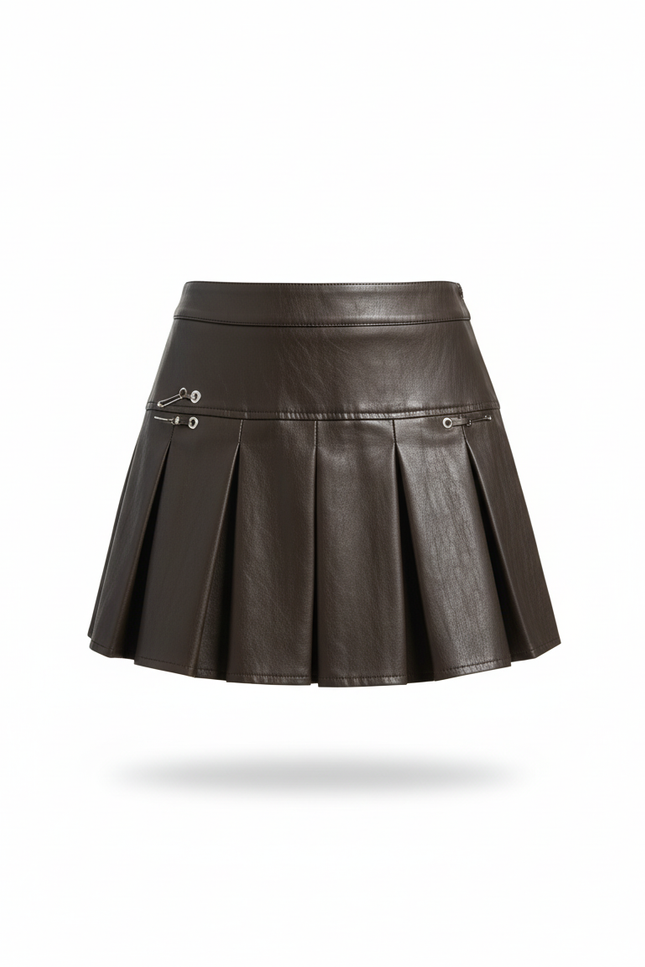 Jupe Plissée similicuir marron mini chic