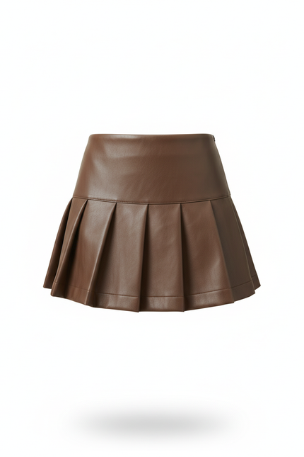 Jupe Plissée Marron Simili Cuir Chic