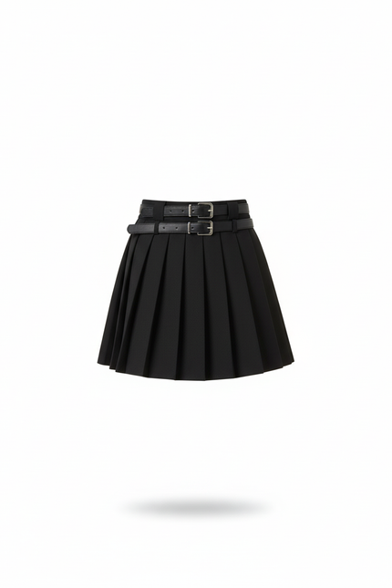 Jupe Plissée noire double ceinture chic