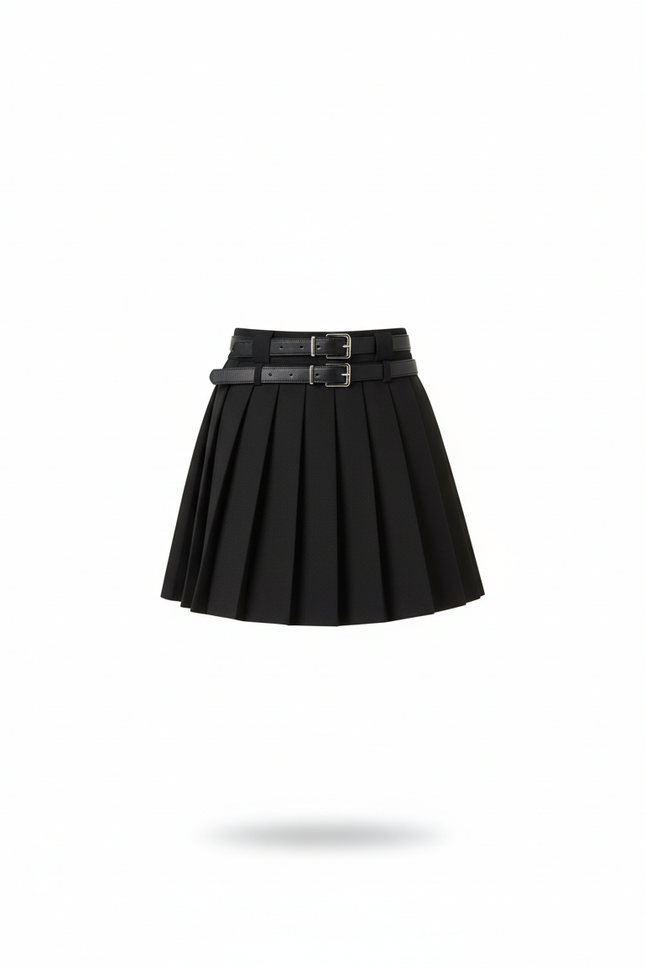 Jupe Plissée noire double ceinture chic