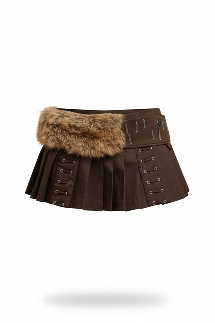 Jupe Plissée marron ceinture fourrure rétro