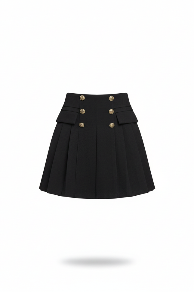 Jupe Plissée noire chic boutons dorés