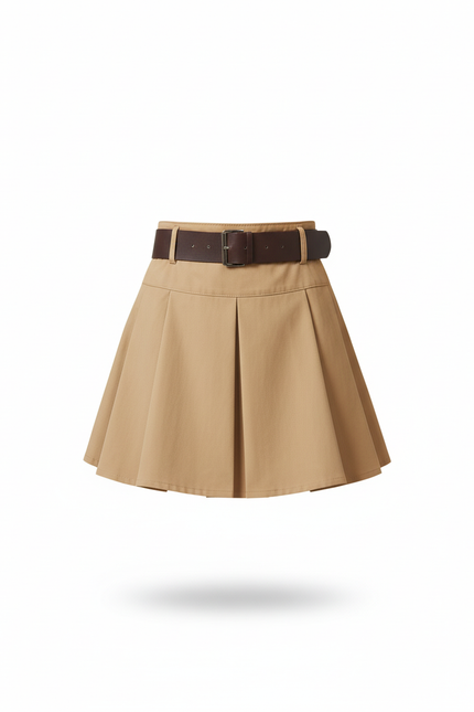 Jupe Plissée beige ceinturée chic