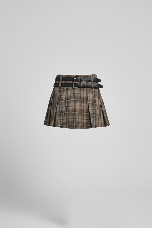Jupe Plissée carreaux marron courte chic