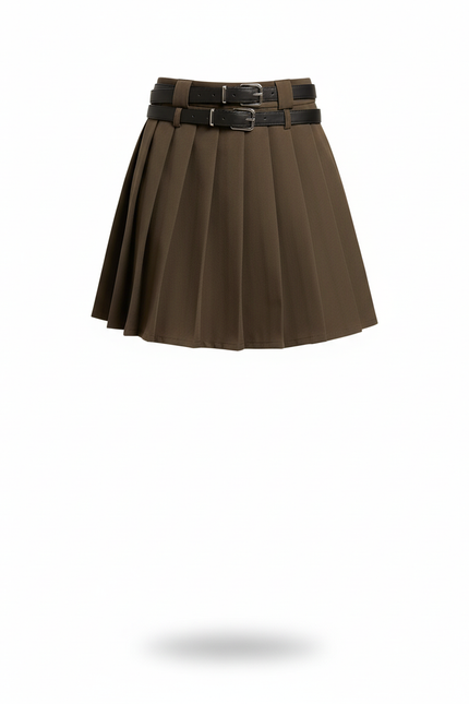 Jupe Plissée Marron Double Ceinture Vintage