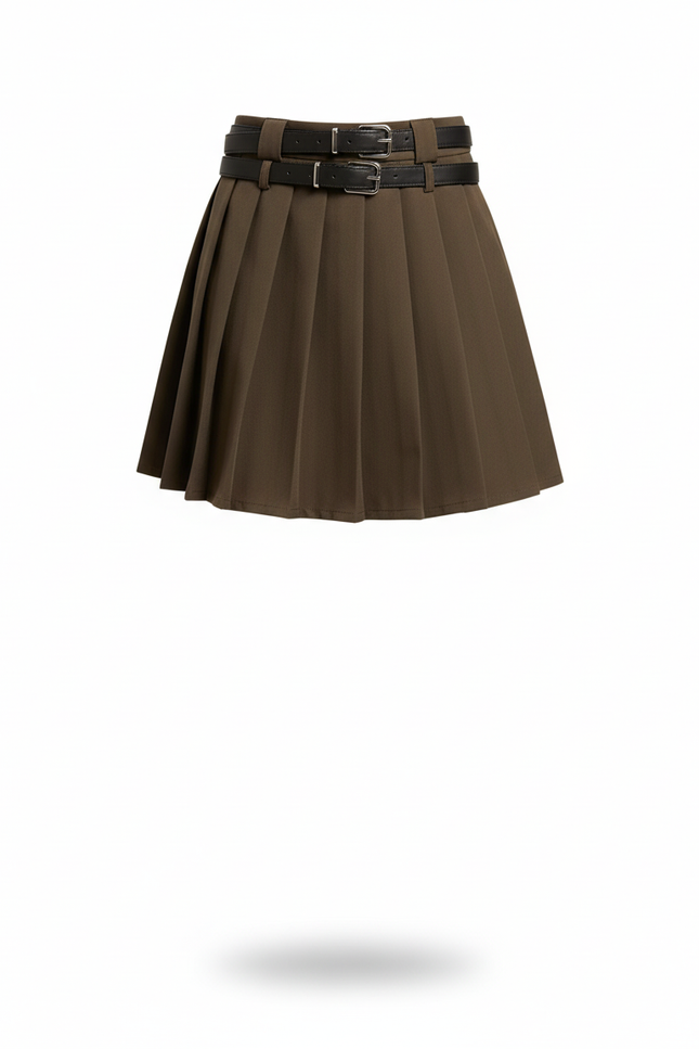 Jupe Plissée Marron Double Ceinture Vintage