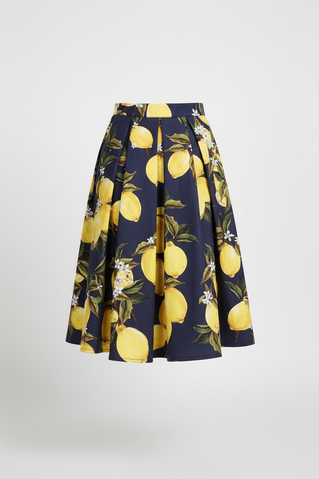 Jupe Plissée Motif Citron Bleu Marine Chic