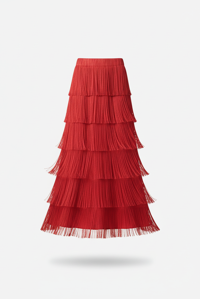 Jupe Plissée fluide rouge à franges