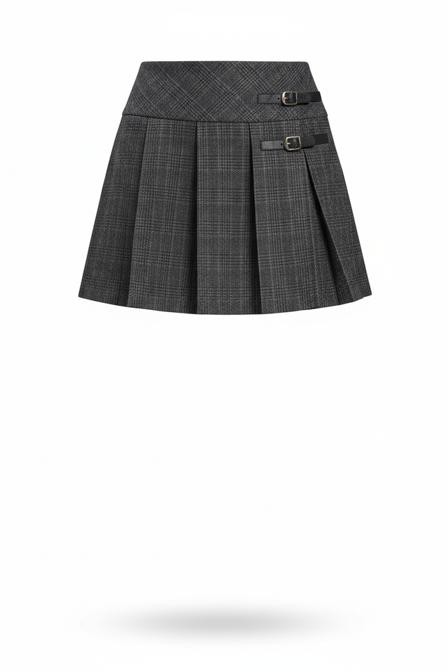 Jupe Plissée carreaux gris boucles chic
