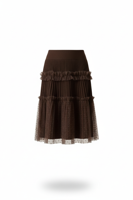 Jupe Plissée Marron Dentelle Chic