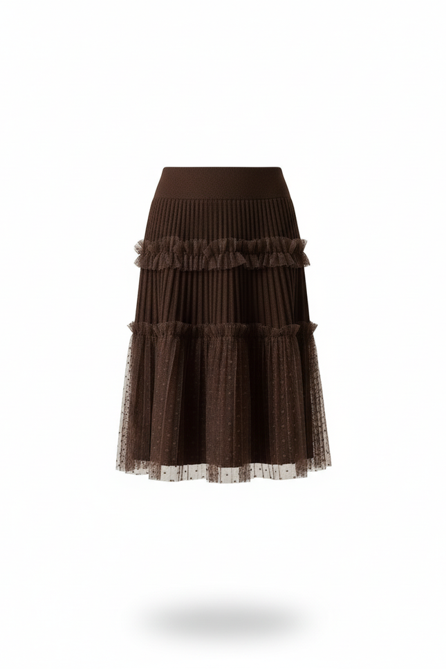 Jupe Plissée Marron Dentelle Chic