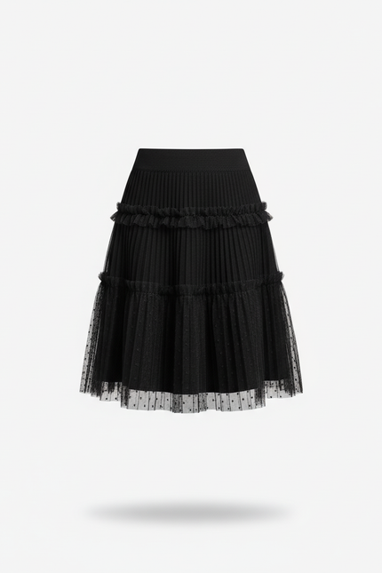 Jupe Plissée noire maille plumetis chic