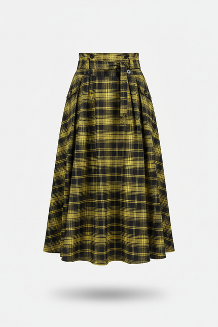 Jupe Plissée Jaune Écossais Vintage