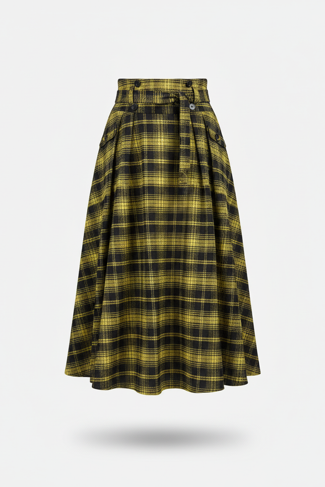 Jupe Plissée Jaune Écossais Vintage