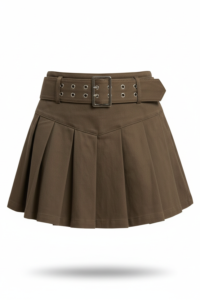Jupe Plissée Kaki Ceinturée Polyvalente