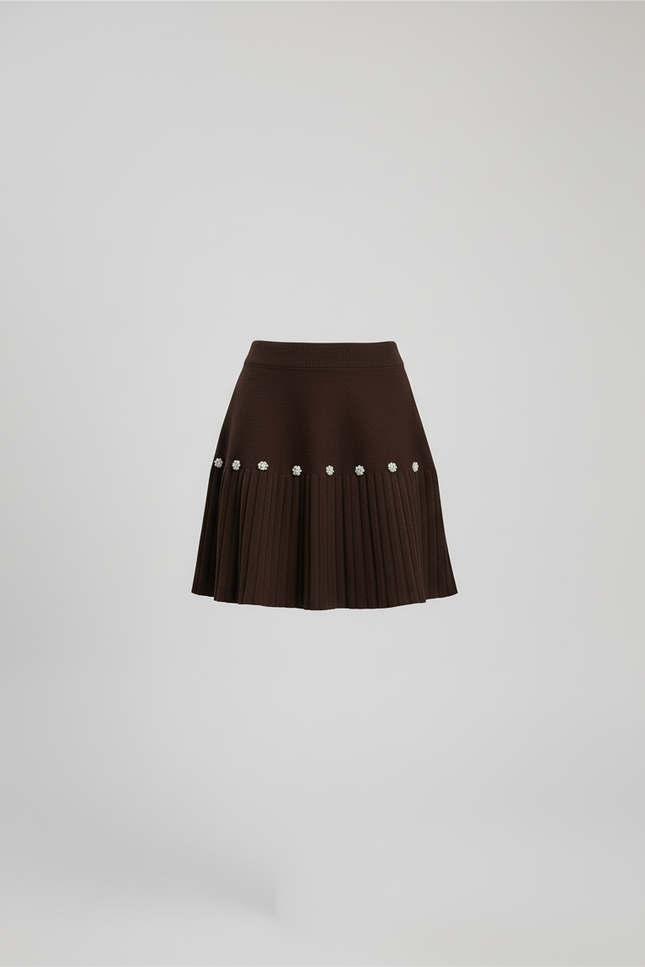 Jupe Plissée Marron Perles Chic