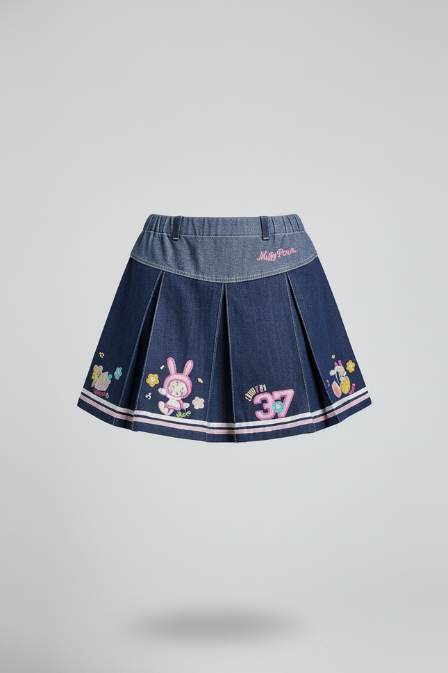 Jupe Plissée Denim Brodée Cartoon Y2k