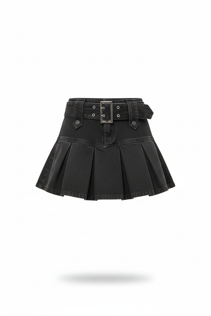Jupe Plissée denim noir ceinturée chic