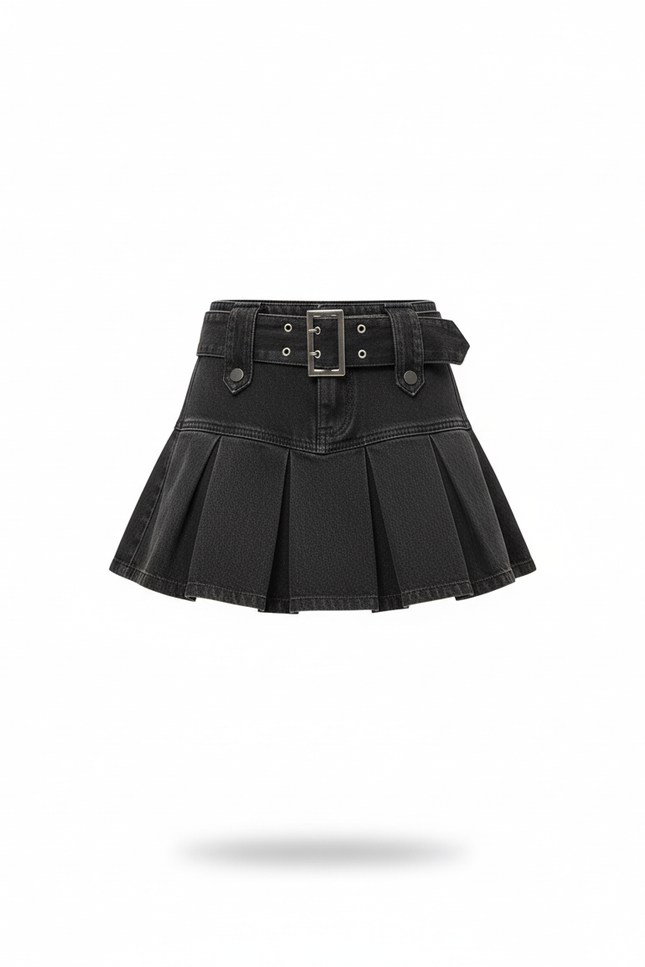 Jupe Plissée denim noir ceinturée chic