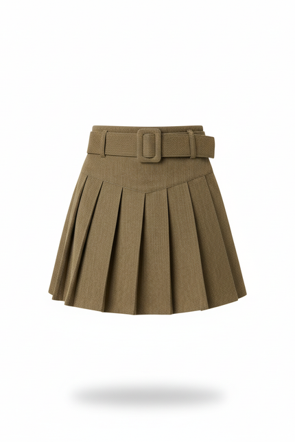 Jupe Plissée kaki ceinturée chic