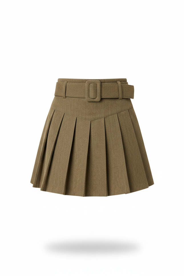 Jupe Plissée kaki ceinturée chic
