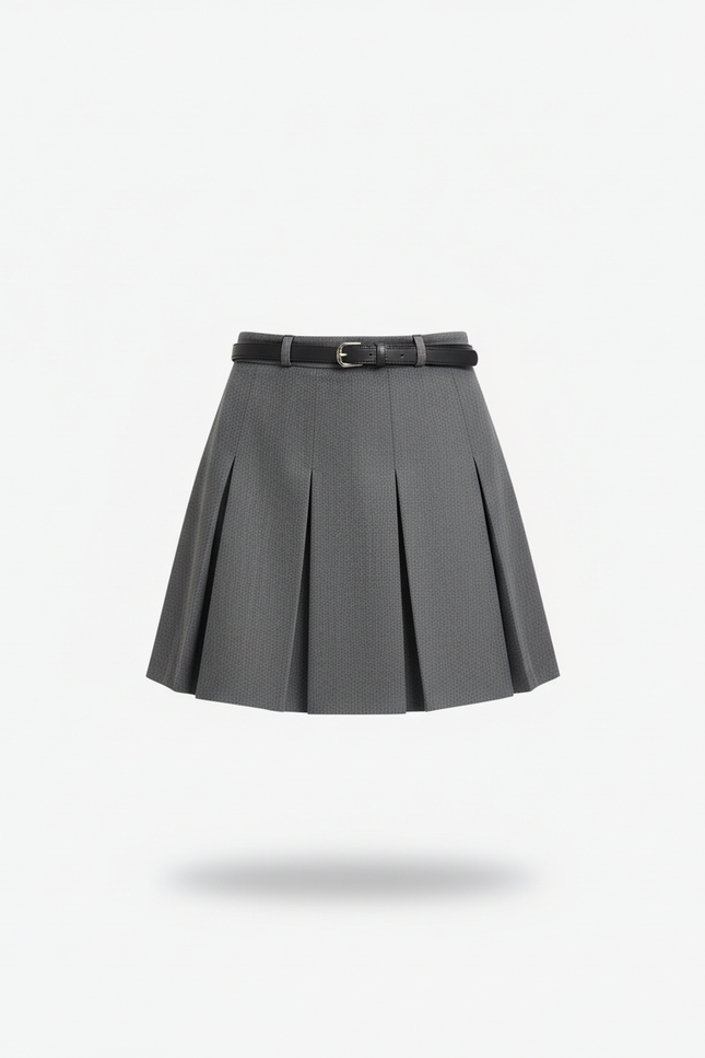 Jupe Plissée grise ceinturée chic