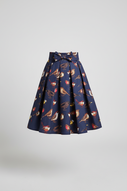 Jupe Plissée Bleu Marine Motif Oiseaux Chic