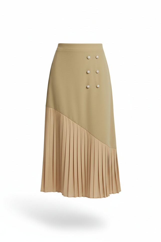 Jupe Plissée Kaki Patchwork Élégante